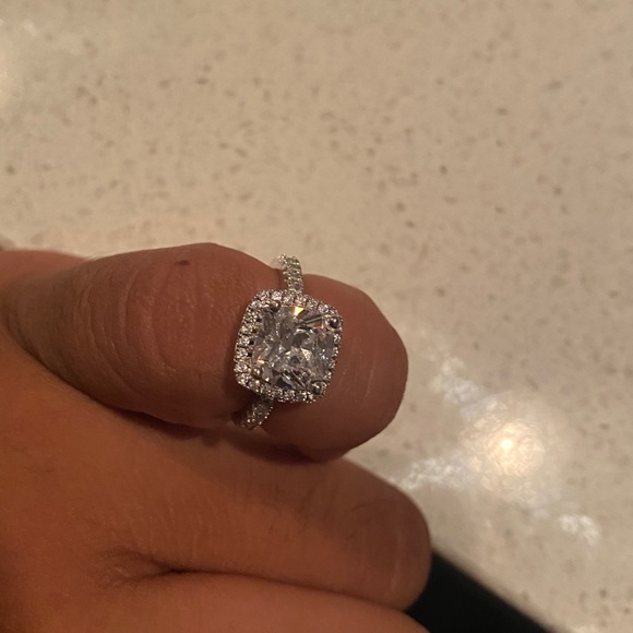 Halo Princess Cut Engagement Ring Stamped 925 Silver Partial Pave Band Two Sizes - Picture 11 of 15